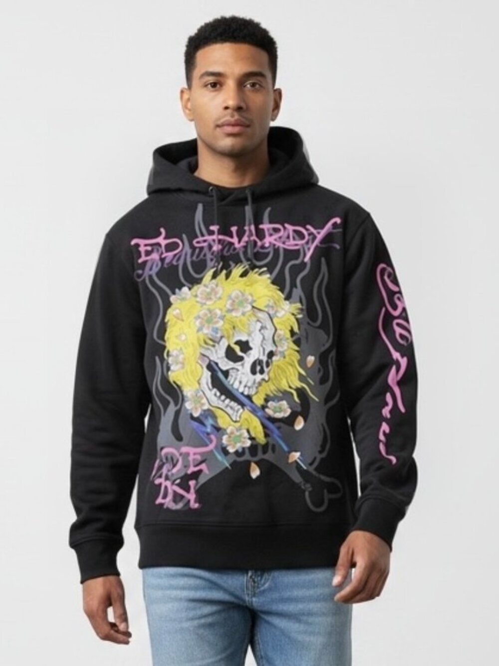 NEW Ed Hardy Blonde Skull Hoodie Charcoal Gray Yellow men’s size Medium NWT